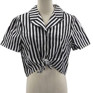 KATACOMB XL black white striped 50s vtg collar tie crop top blouse NWT B128